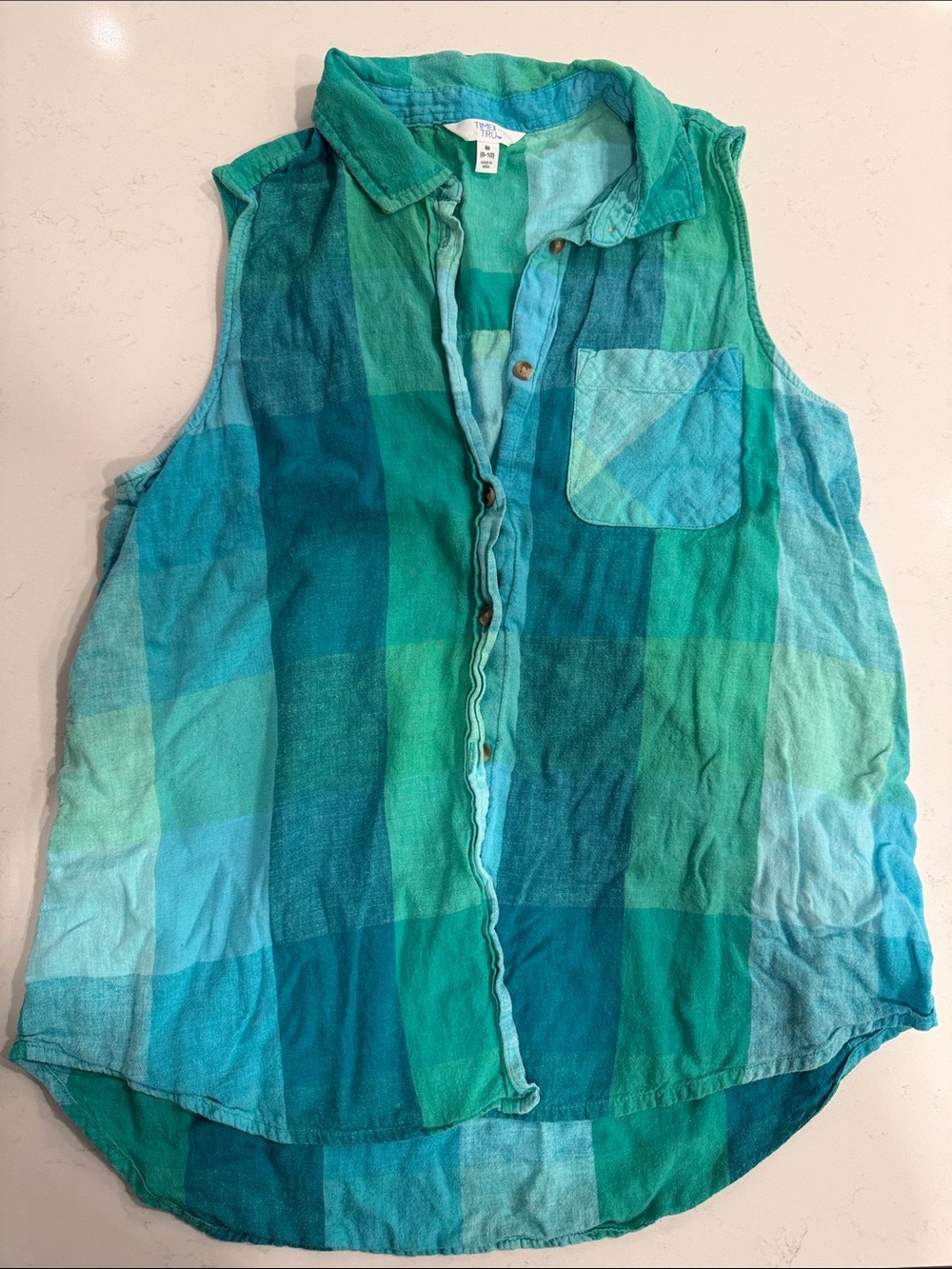 Time and Tru Green and Blue Plaid Sleeveless Button Front Top